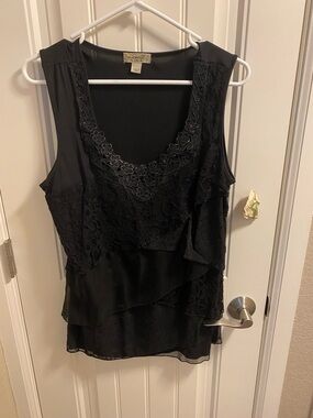 NWT One World L Top Black Lace Front Stretch Blouse Large Shirt Lg Sleeveless
